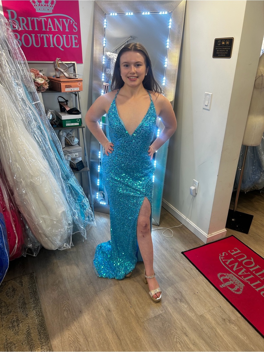Primavera Couture Crystal Blue Sequin Plunging V-Neck Prom Gown with Slit